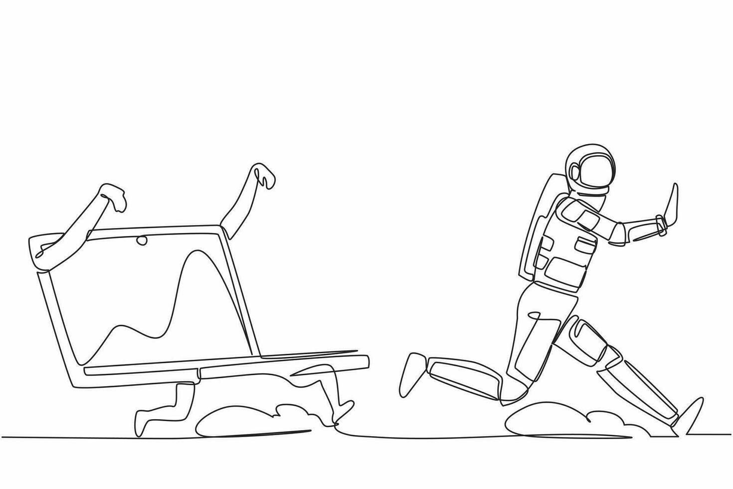 Single continuous line drawing astronaut being chased by laptop computer. Spaceman in spaceship expedition deadline of space industry. Cosmonaut deep space. One line graphic design vector illustration