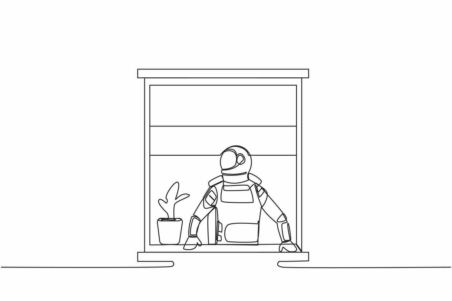 Continuous one line drawing astronaut looking outside window in moon surface. Spaceman with a plant watching out the window. Cosmonaut outer space. Single line draw graphic design vector illustration