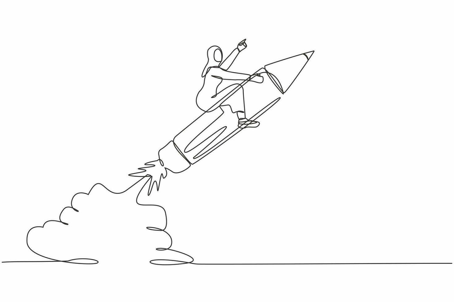 Single one line drawing Arab businesswoman riding pencil rocket flying in sky. Creativity idea lead the way, education or knowledge help career development. Continuous line design vector illustration