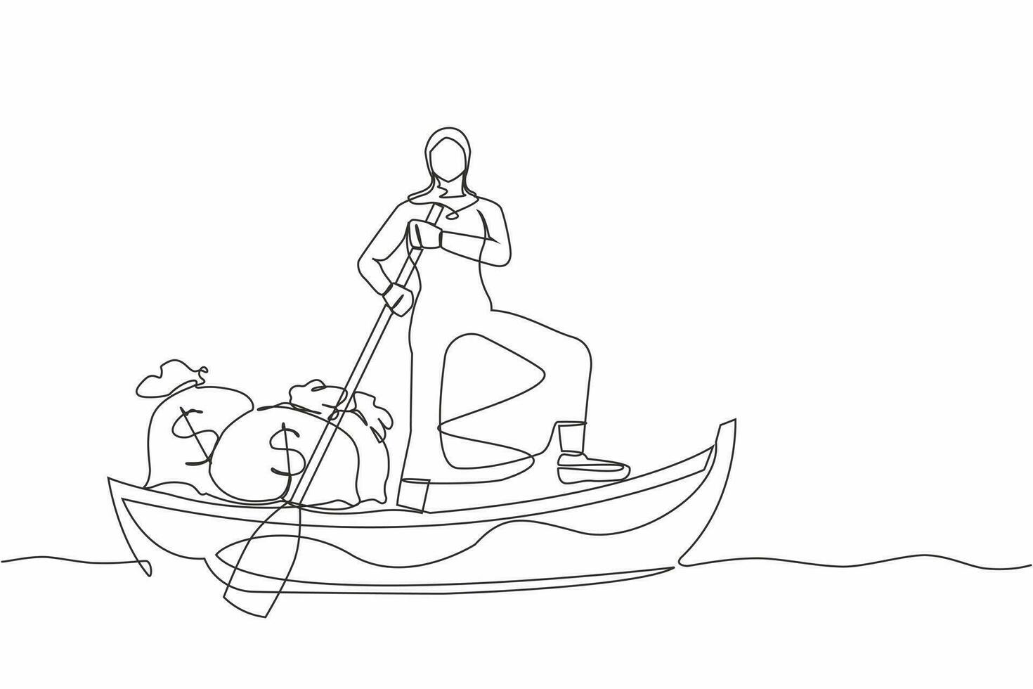 Single continuous line drawing Arab businesswoman standing in boat and sailing with money bag. Financial profit, successful management. Escape with money. One line graphic design vector illustration