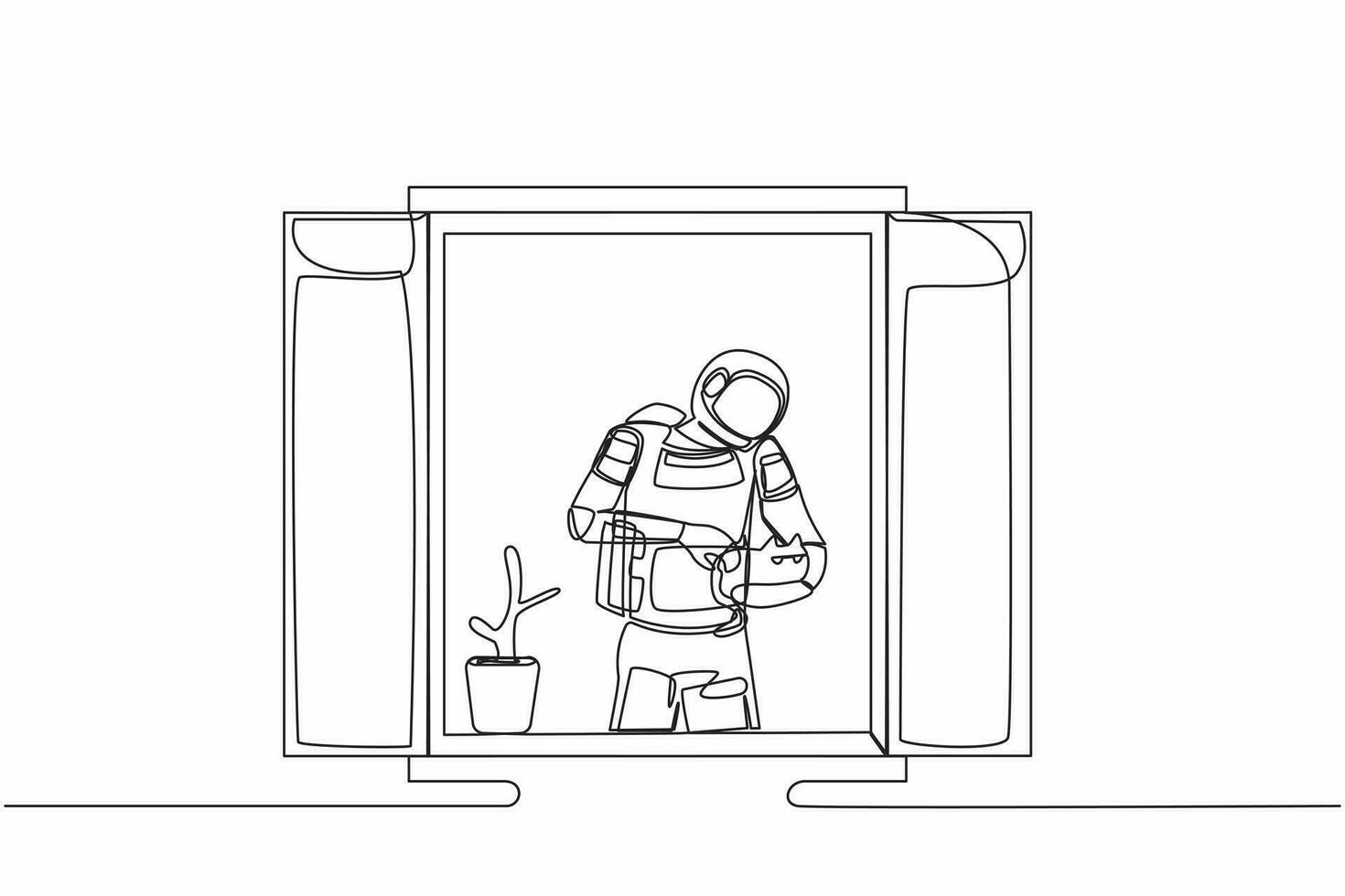 Continuous one line drawing young astronaut with houseplant holding cat and looking through window in moon surface. Cosmonaut outer space concept. Single line draw graphic design vector illustration