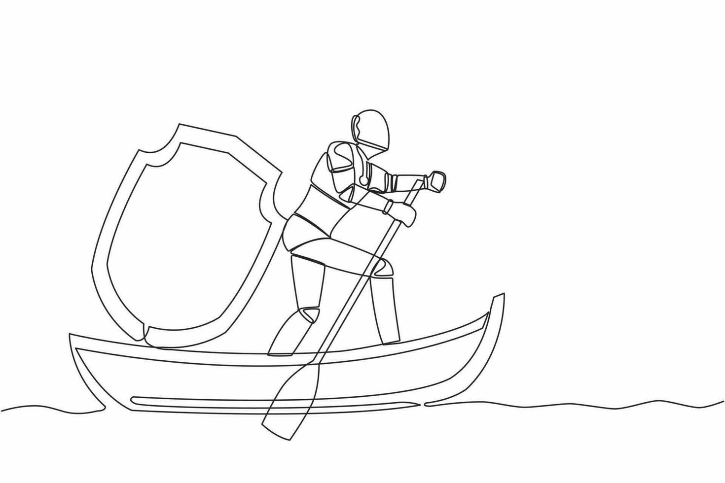 Continuous one line drawing of robot sailing away on boat with shield. Security and insurance in tech company. Humanoid robot cybernetic organism. Single line draw design vector graphic illustration