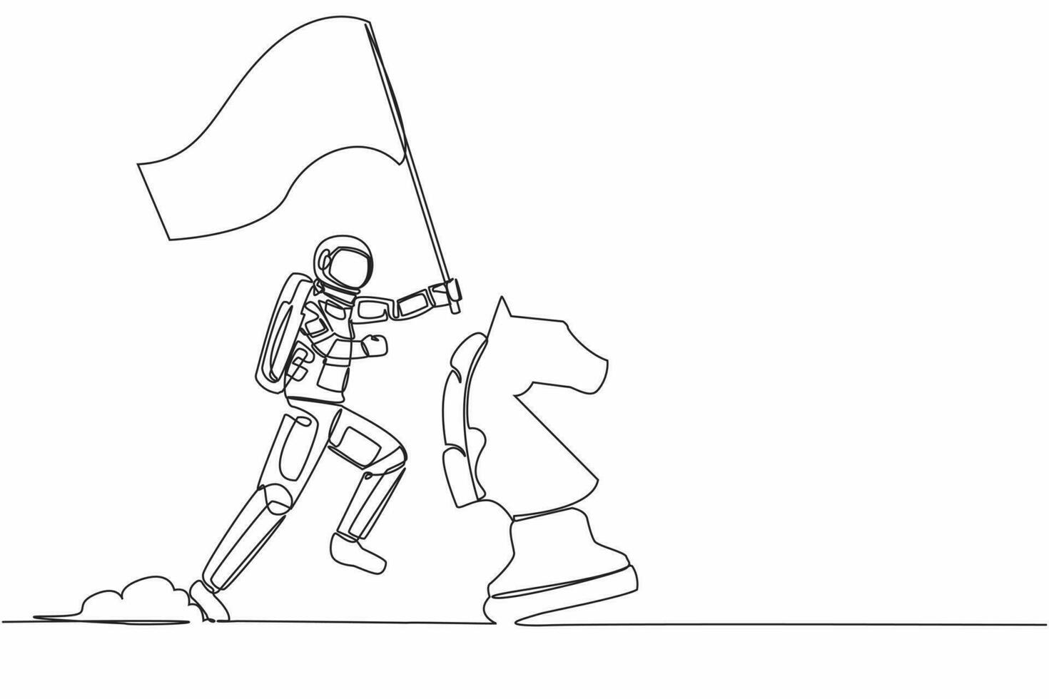 Continuous one line drawing astronaut running and holding flag beside horse chess piece. Celebrating triumph of intergalactic expedition. Cosmonaut outer space. Single line design vector illustration