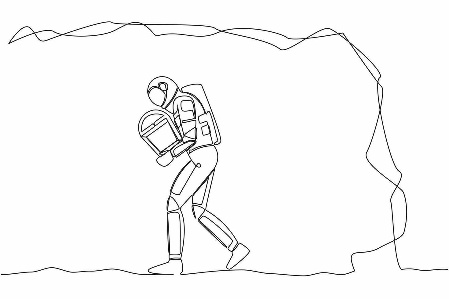 Single continuous line drawing young astronaut carrying treasure chest from moon underground. Treasure digging, growth wealth process. Cosmonaut deep space. One line graphic design vector illustration