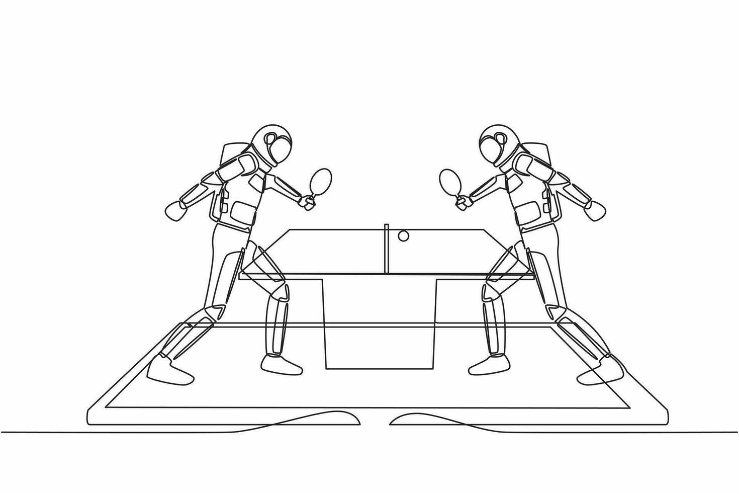 soltero continuo línea de dibujo mesa tenis Corte con dos astronauta jugadores en teléfono inteligente pantalla. profesional Deportes competencia. cosmonauta profundo espacio. uno línea gráfico diseño vector ilustración