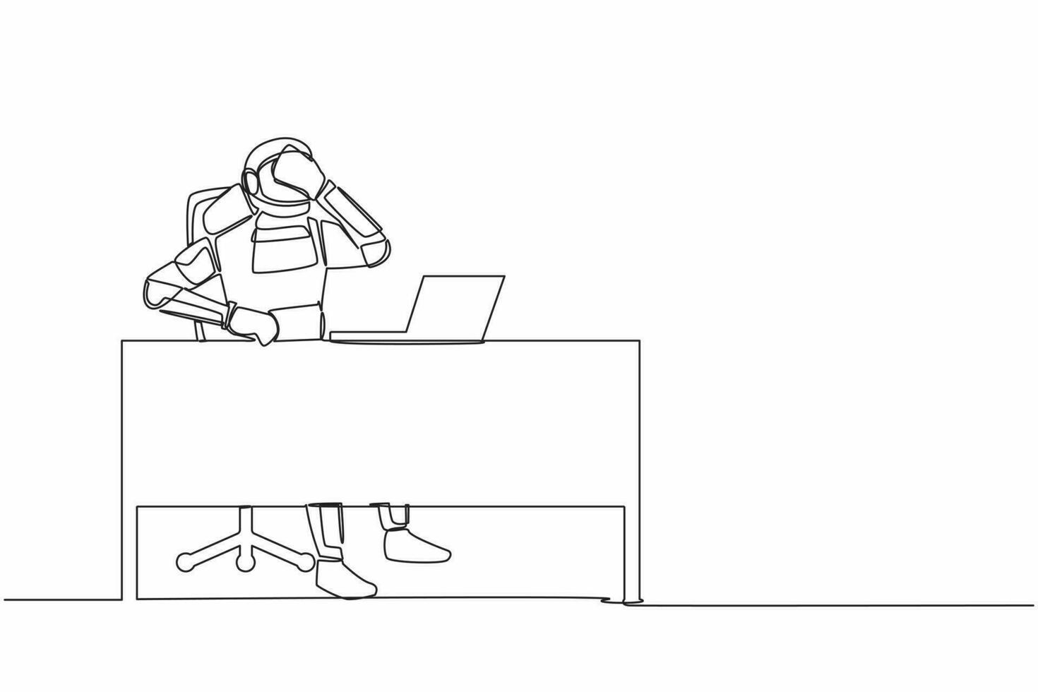 Single one line drawing young astronaut working with laptop at working desk and holding face. Feeling bad, headache, exhausted. Cosmic galaxy space. Continuous line graphic design vector illustration