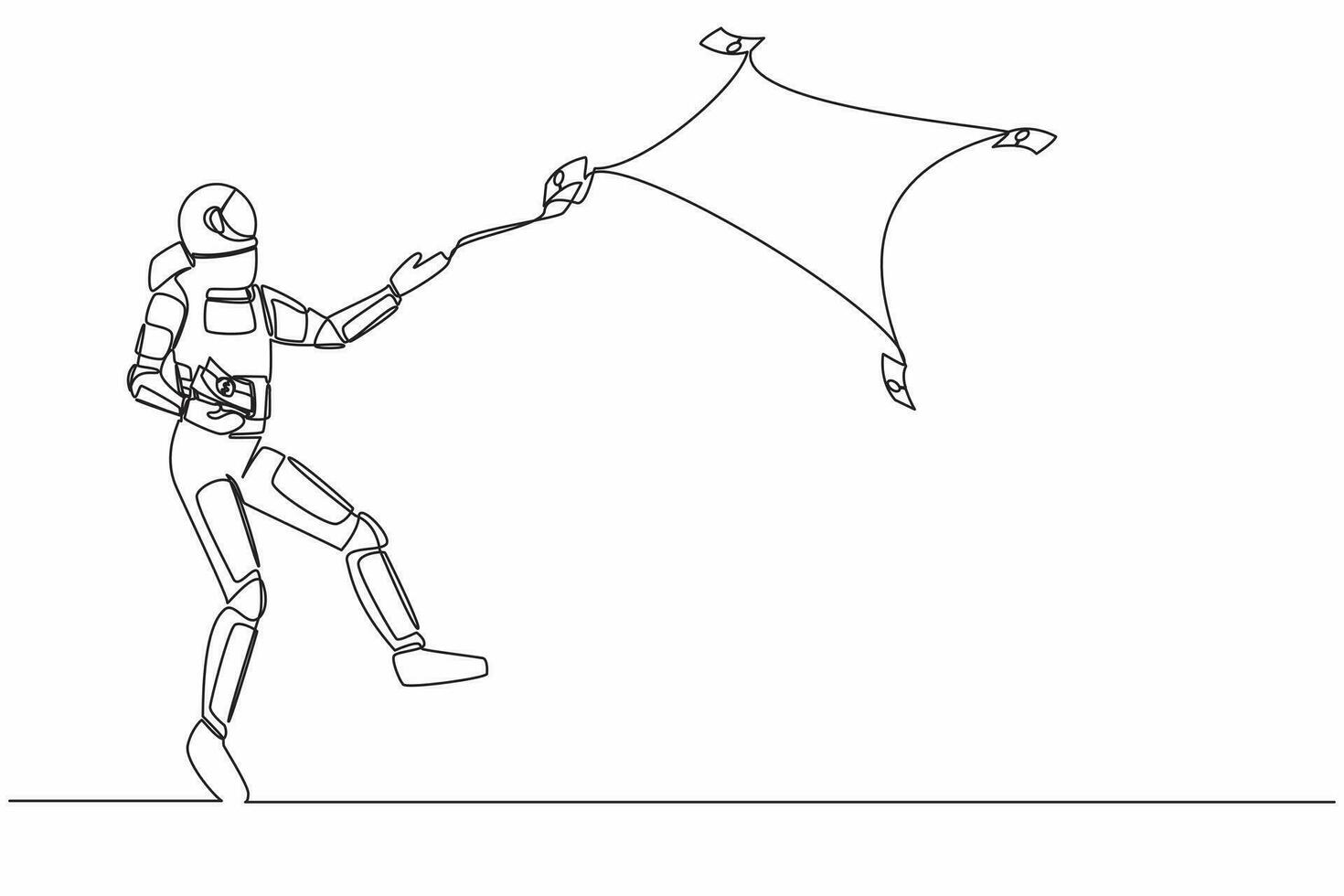 Single one line drawing astronaut throw out of money banknotes flying into the air. Waste in realization of space expedition projects. Cosmic galaxy space. Continuous line design vector illustration