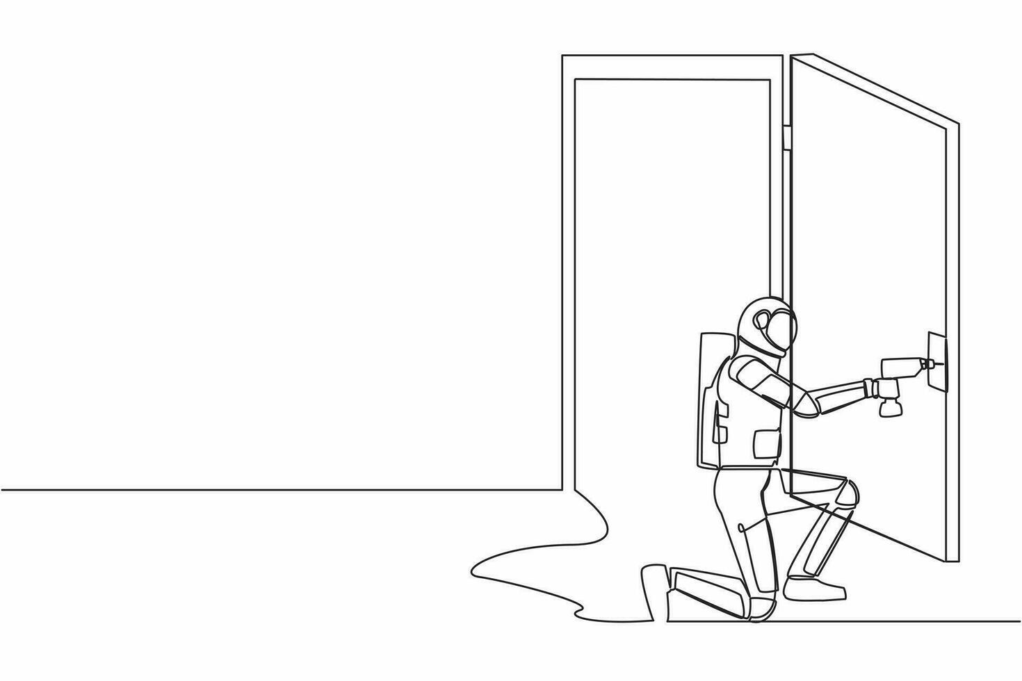 Continuous one line drawing astronaut with drill, repair door element. Future house decoration. Home reparation in moon surface. Cosmonaut outer space. Single line graphic design vector illustration