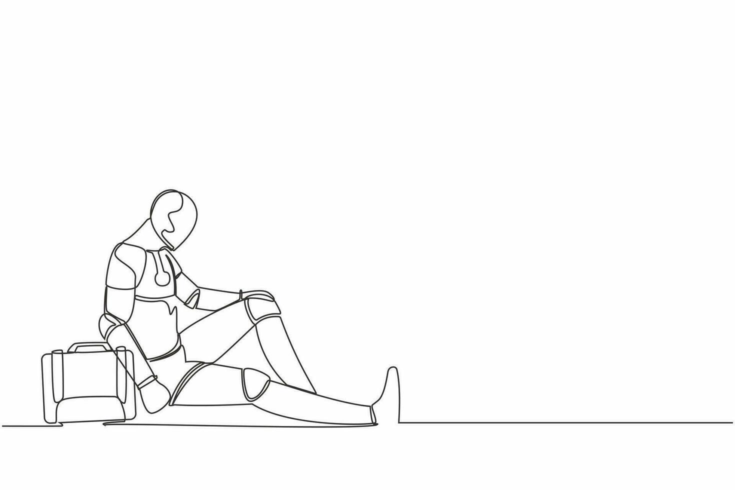 Continuous one line drawing depressed robot with briefcase sitting in despair on the floor. Sad gesture expression. Humanoid cybernetic organism. Future robotic. Single line design vector illustration