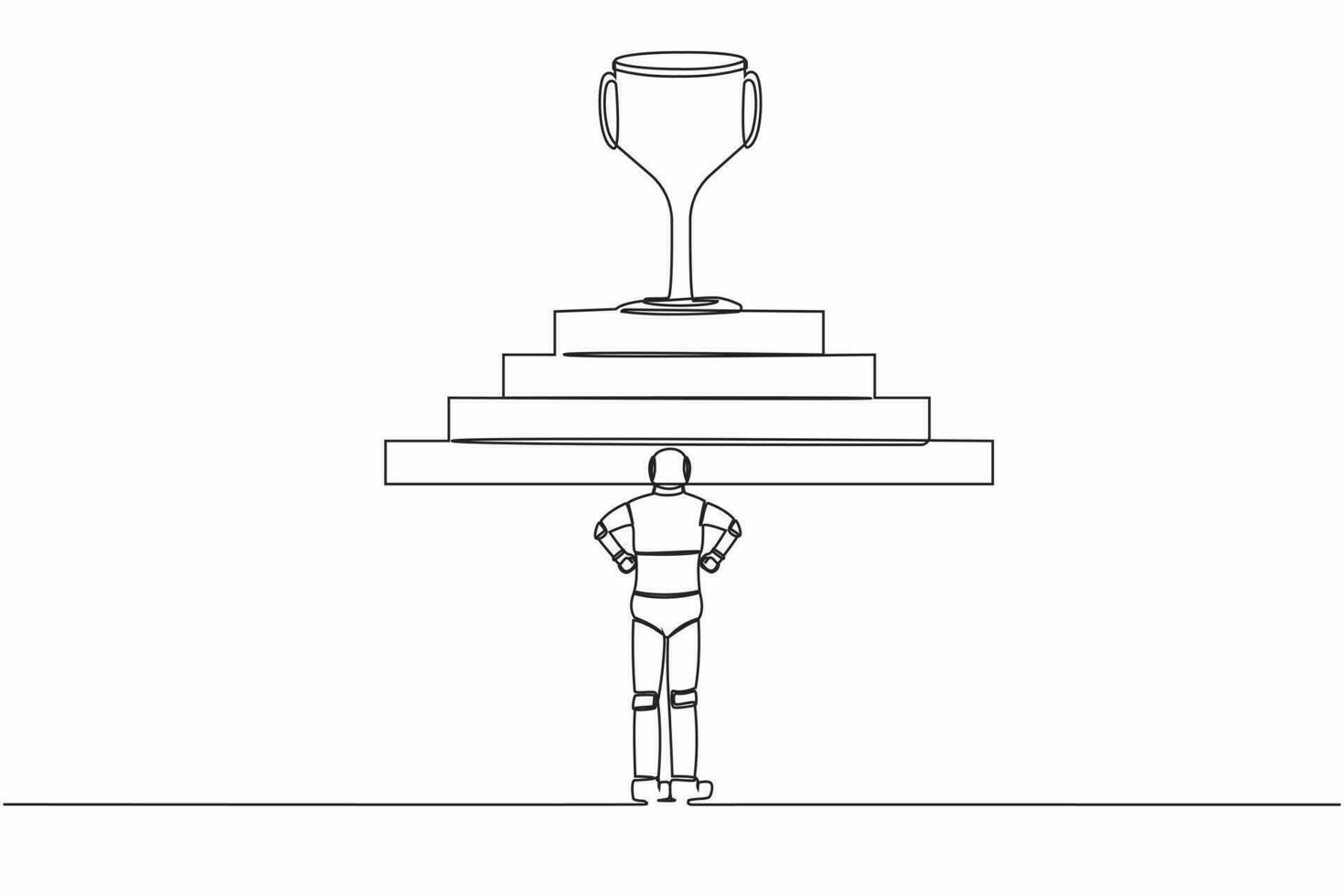 Continuous one line drawing robot standing in front of staircase with trophy cup on the top. Path to success. Humanoid cybernetic organism. Robotic development. Single line design vector illustration