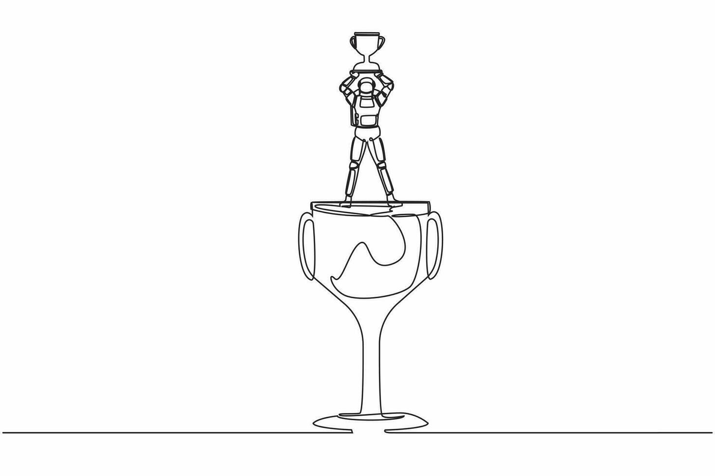 Single continuous line drawing astronaut standing above big trophy and lifting up winner cup. Celebrating spaceship competition award. Cosmonaut deep space. One line graphic design vector illustration