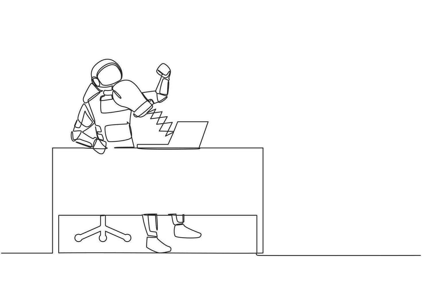 Single continuous line drawing astronaut being punched by boxing gloves from computer laptop at working desk. Cyberbullying concept. Cosmonaut deep space. One line graphic design vector illustration