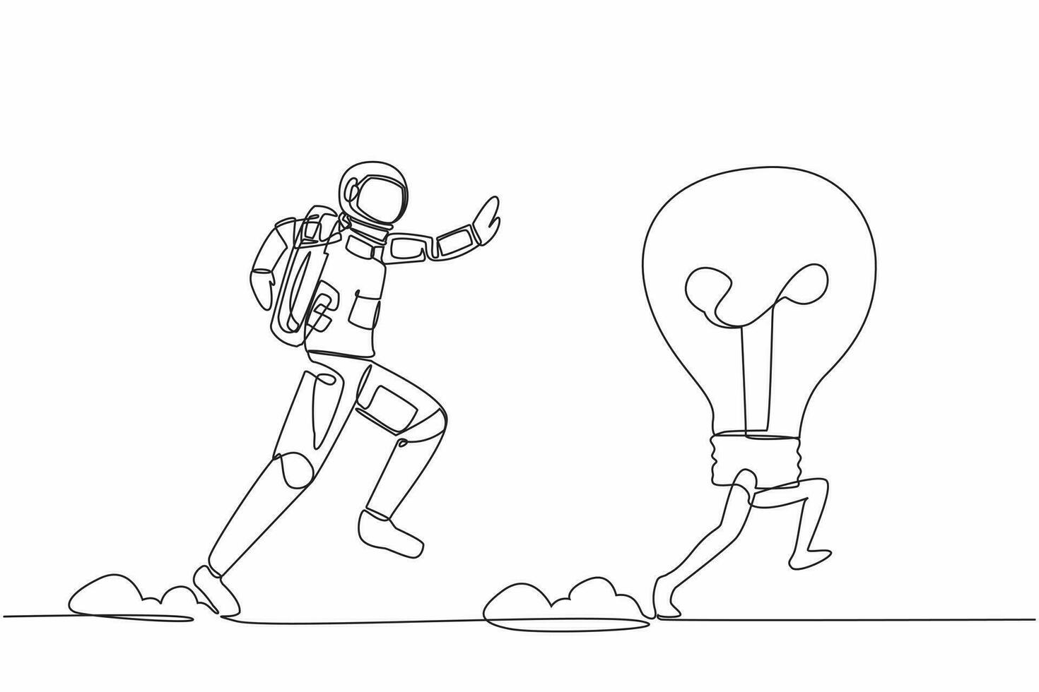 Single continuous line drawing of young astronaut chasing light bulb in moon surface. Innovation in the discovery of new planets. Cosmic galaxy space. One line draw graphic design vector illustration
