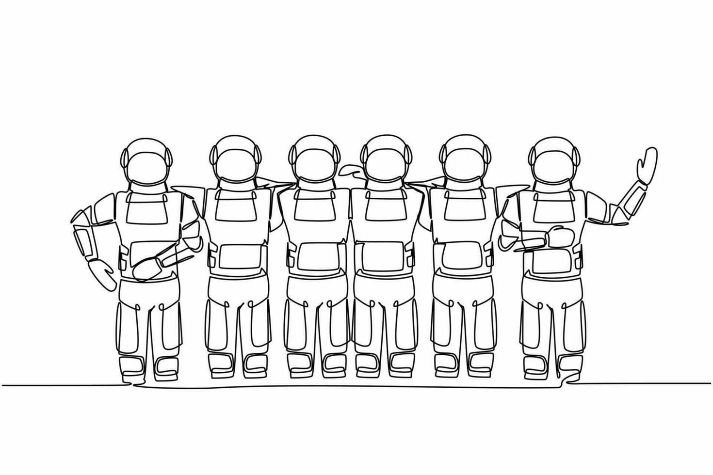 Single one line drawing group of astronaut are hugging. Happy friendship day with diverse friends of spaceman hugging together. Cosmic galaxy space. Continuous line graphic design vector illustration