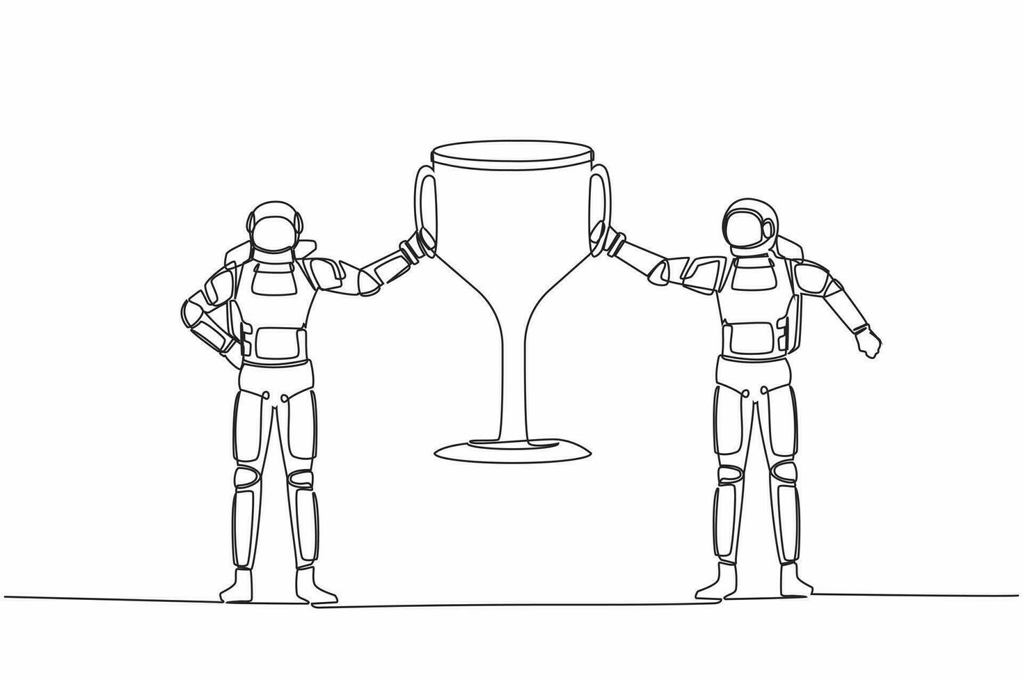 Single continuous line drawing two astronaut holding trophy together. Winner teamwork celebrating spaceship championship victory. Cosmonaut deep space. One line draw graphic design vector illustration