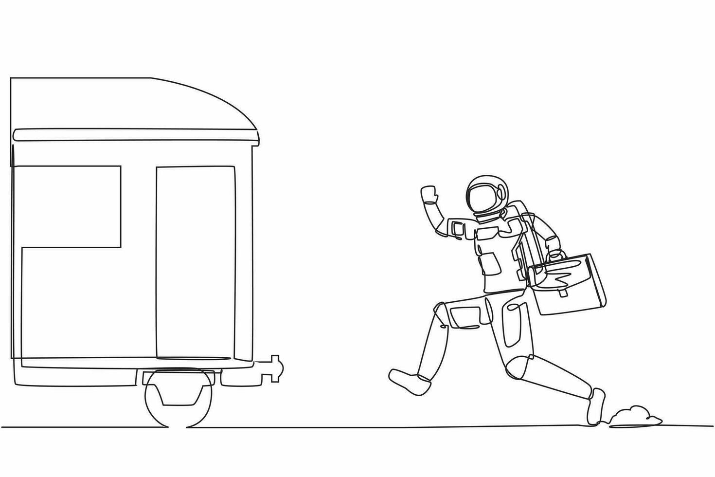 Continuous one line drawing of young astronaut run chasing train in moon surface. Transport system in space station. Cosmonaut outer space concept. Single line draw design vector graphic illustration