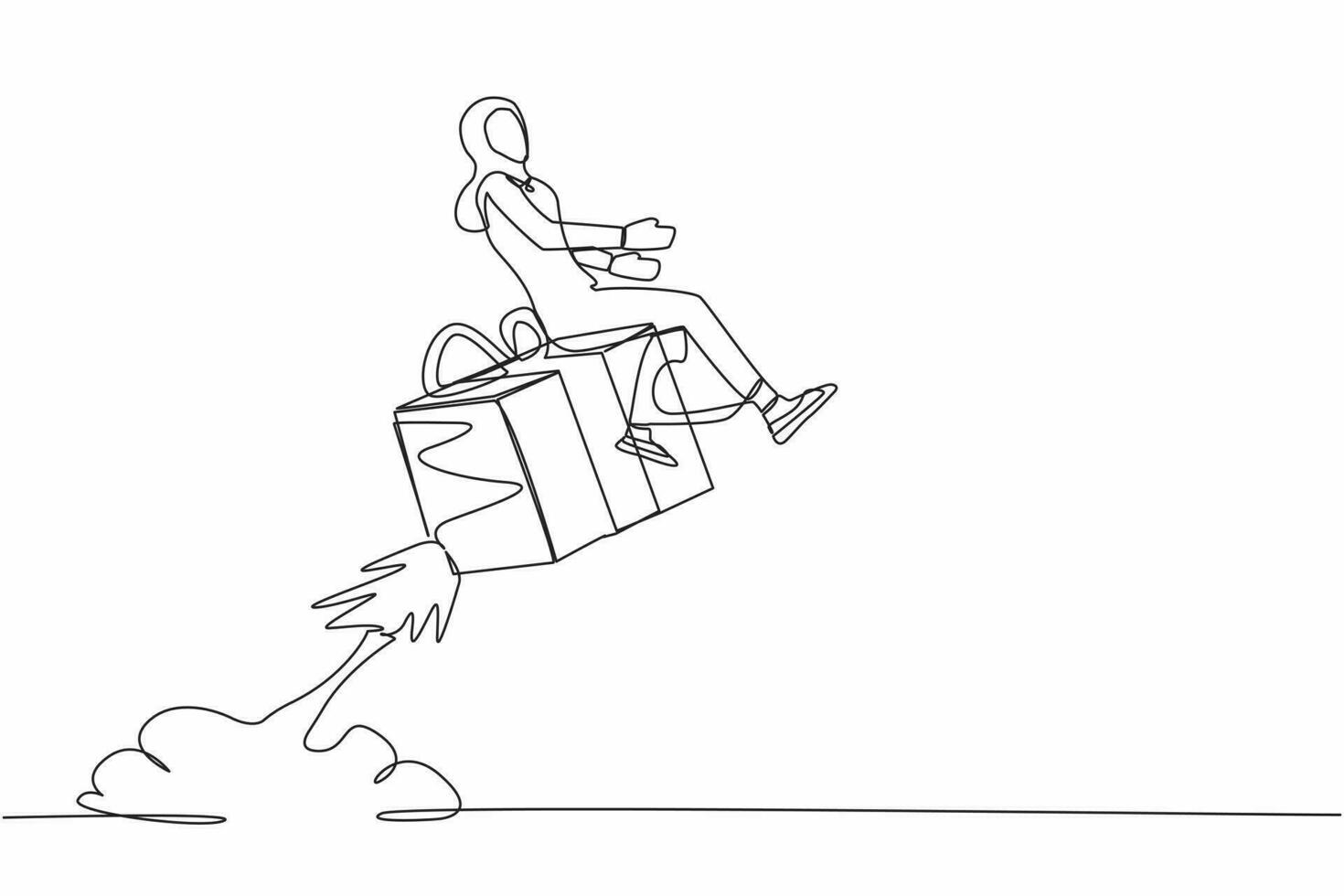 Single continuous line drawing Arab businesswoman riding gift box rocket flying in the sky. Package cardboard box with attached rockets. Big box with booster. One line draw design vector illustration