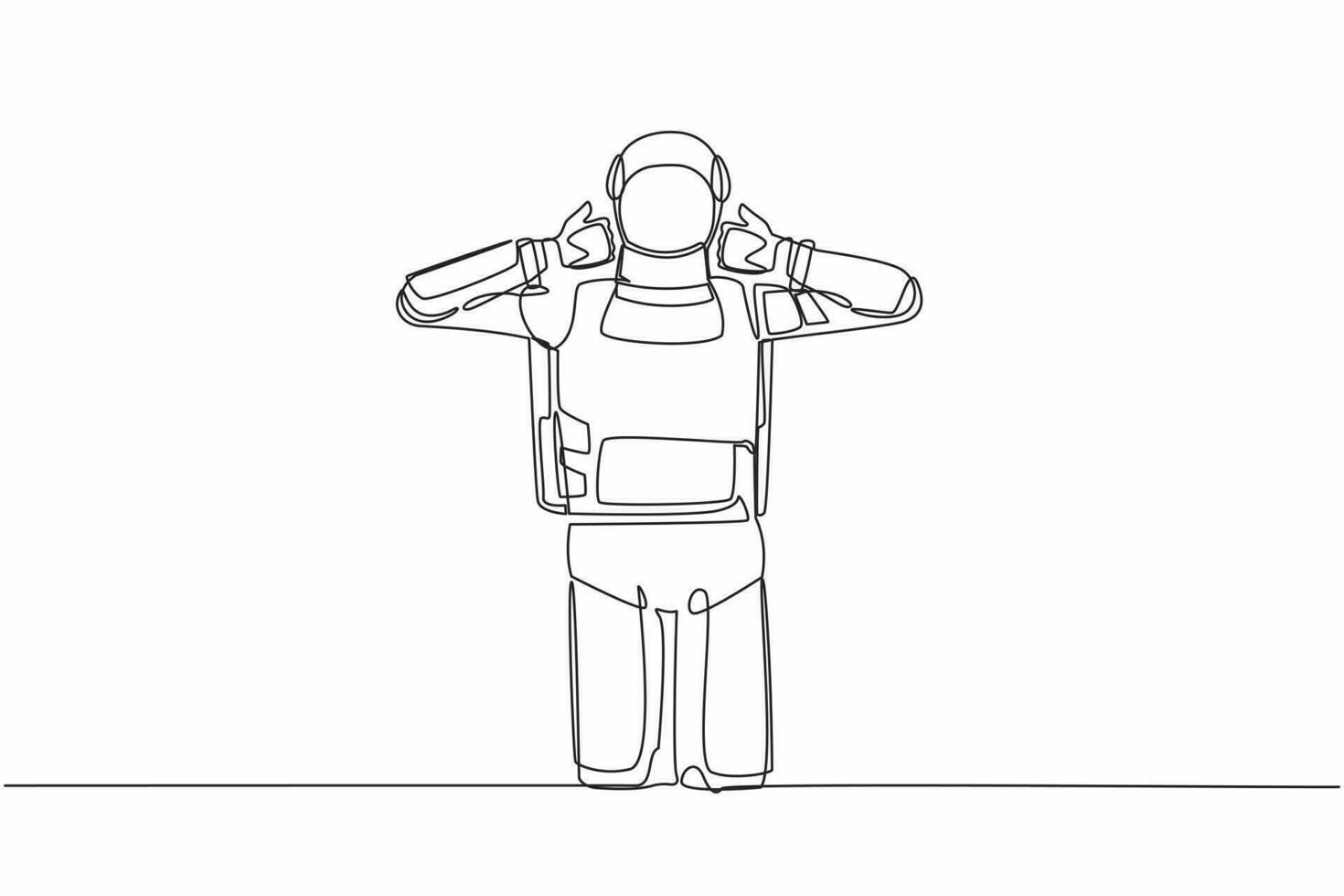 Continuous one line drawing young astronaut standing with two thumbs up gesture. Deal, like, agree, approve, accept. Cosmonaut outer space concept. Single line draw graphic design vector illustration