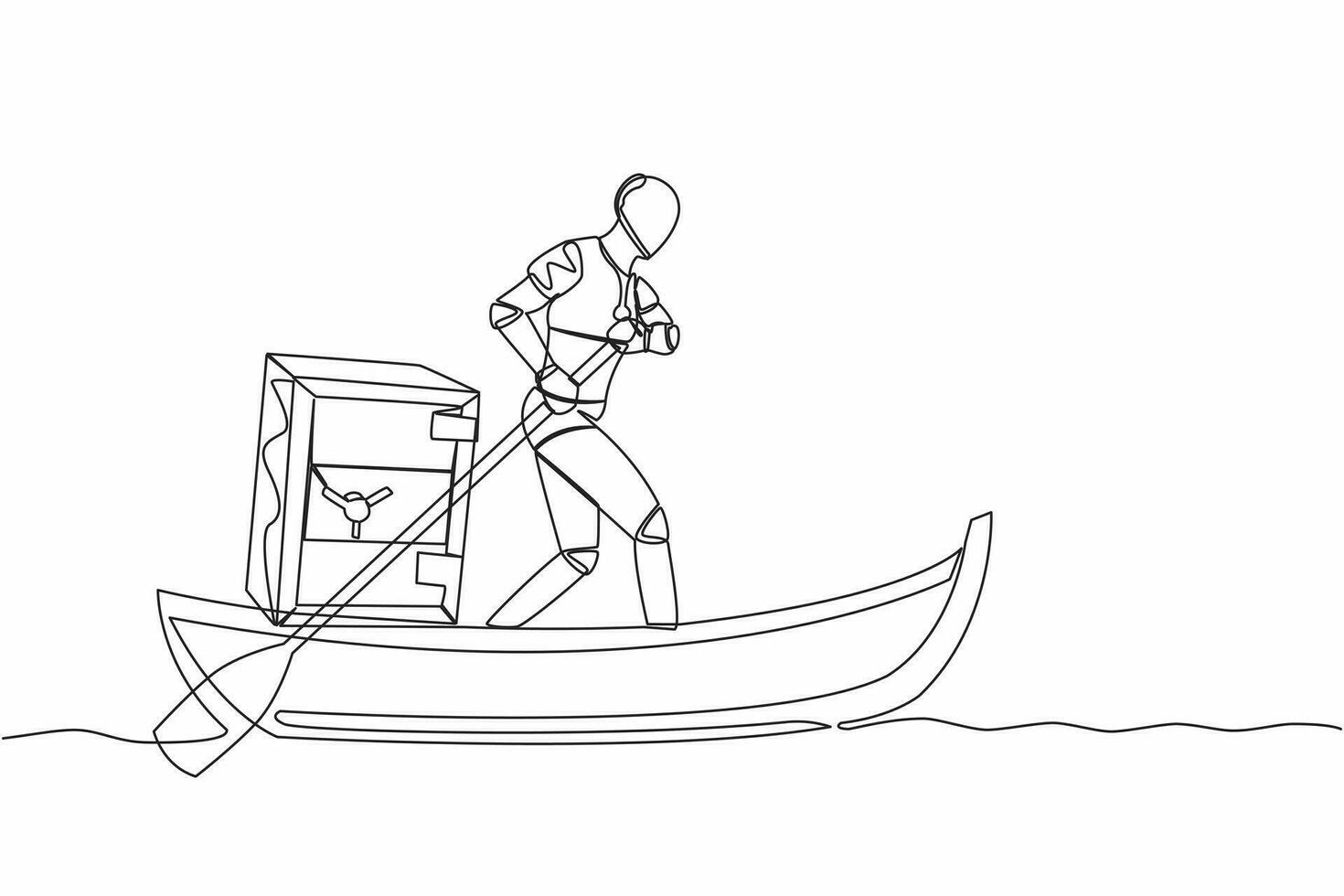 Single one line drawing intelligence robot standing in boat and sailing with safe deposit box. Escape with money. Criminal stole golden coin from bank. Continuous line draw design vector illustration