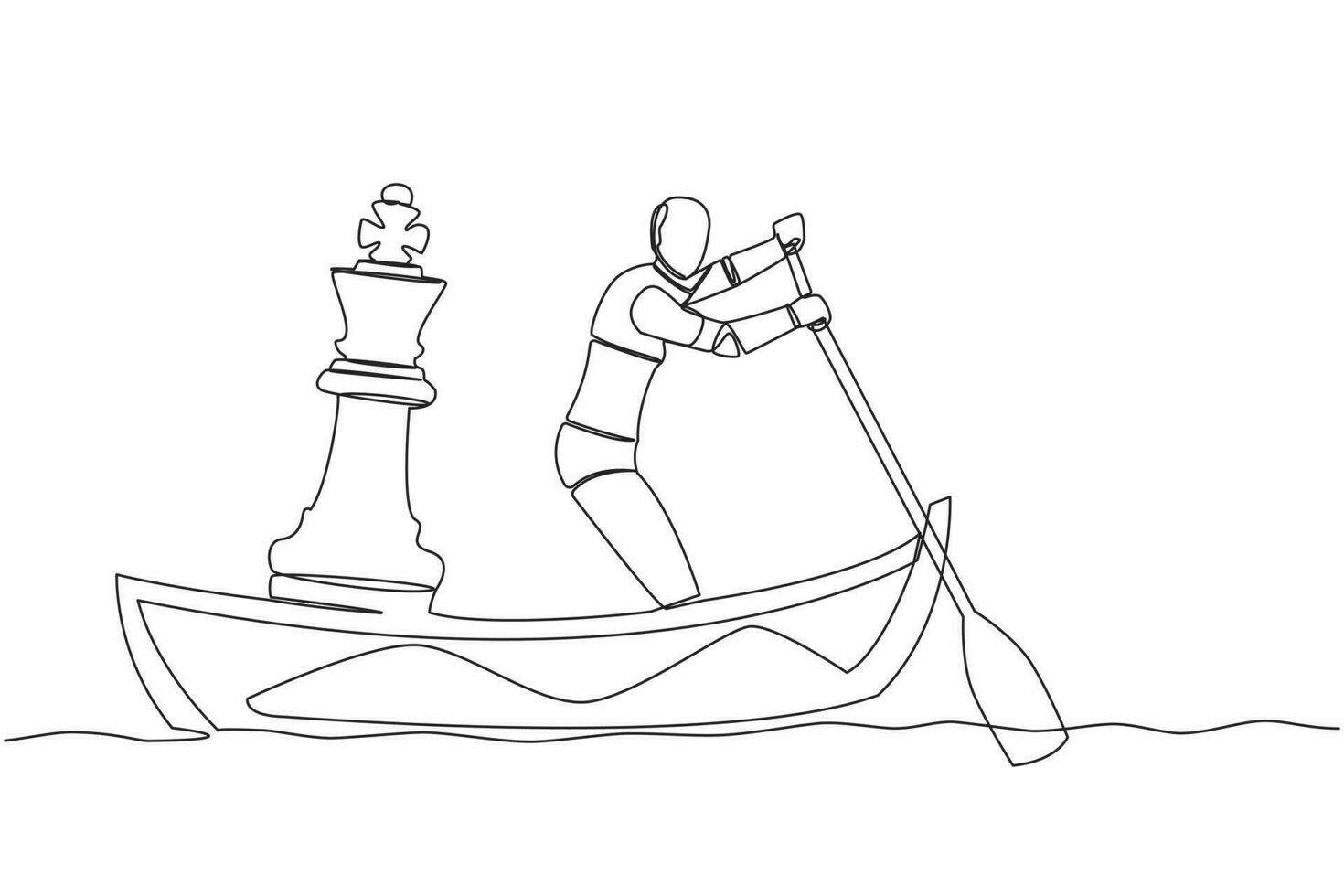 Single continuous line drawing robot sailing away on boat with chess king piece. Strategic move to winning business competition. Future technology development. One line draw design vector illustration