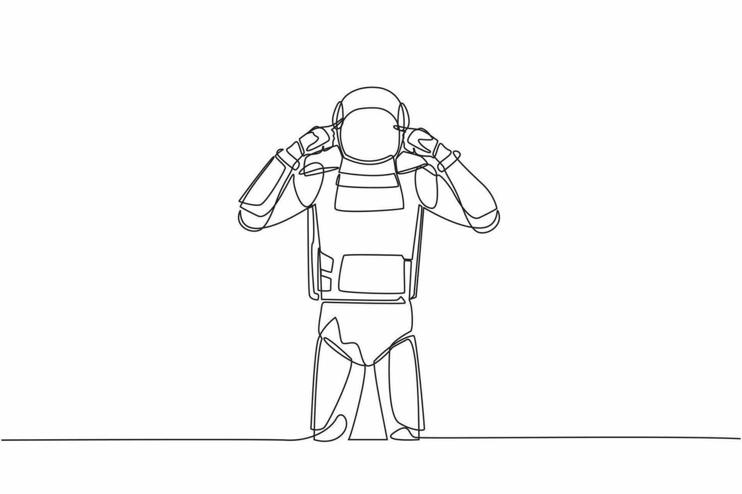 Single continuous line drawing of young astronaut covering ears with fingers with annoyed expression for noise of loud sound or music. Cosmonaut deep space. One line graphic design vector illustration