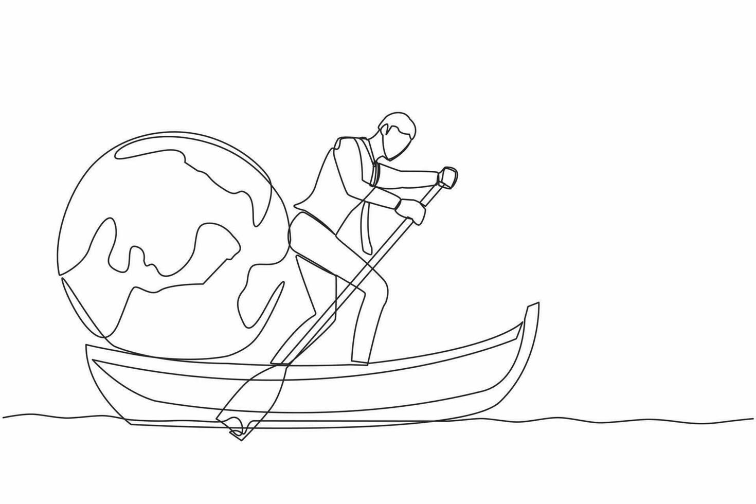 soltero uno línea dibujo de empresario en pie en barco y navegación con globo. tomando viaje alrededor el mundo por barco. turismo o de viaje concepto. continuo línea diseño gráfico vector ilustración