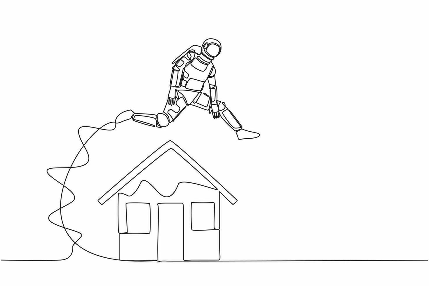 Single continuous line drawing astronaut jumping over house in moon surface. Housing loan real estate investment in outer planet. Cosmonaut deep space. One line draw graphic design vector illustration