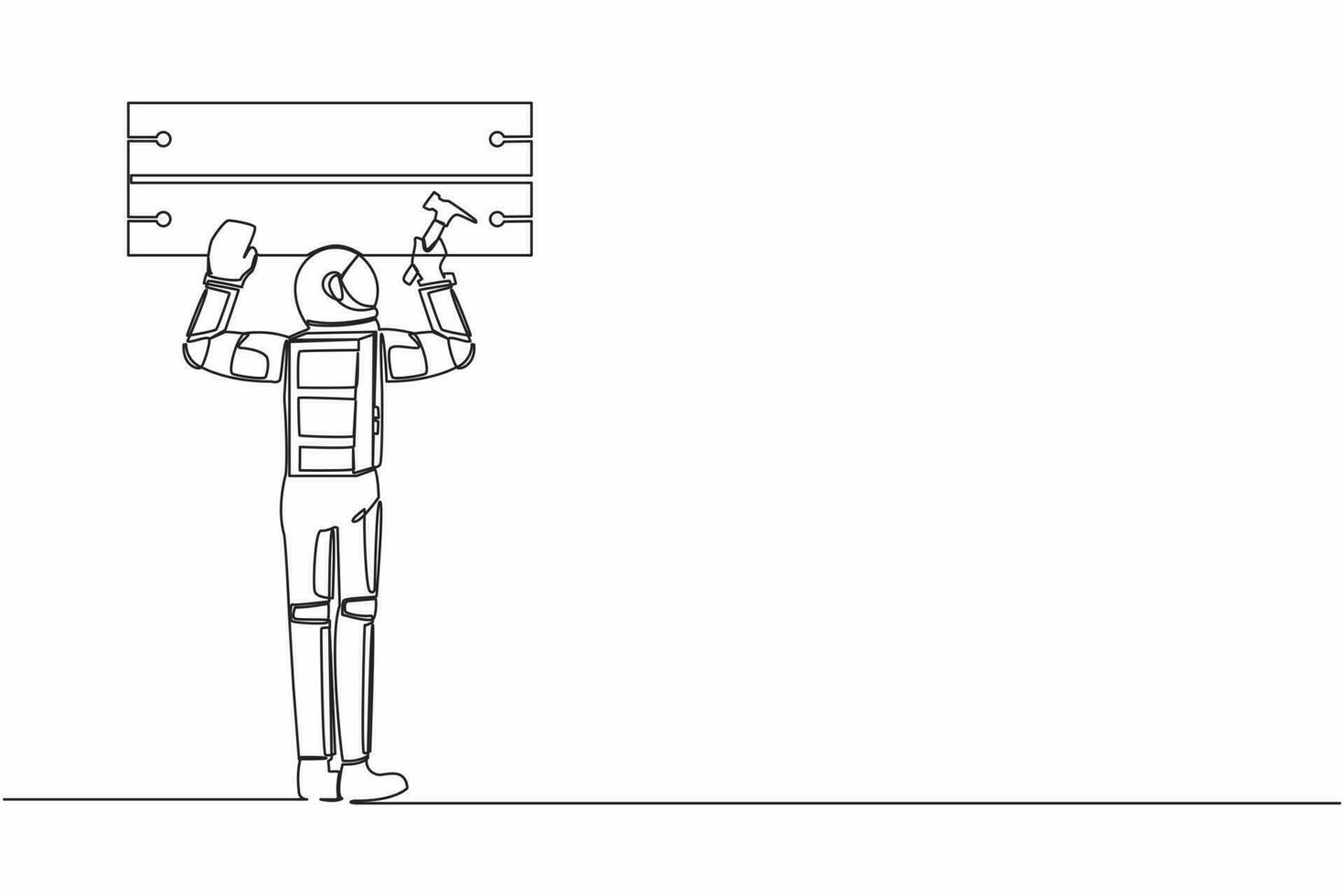 Single one line drawing young astronaut worker hammering and nailing wood on wall. Spaceman ability to repair operating system. Cosmic galaxy space. Continuous line graphic design vector illustration