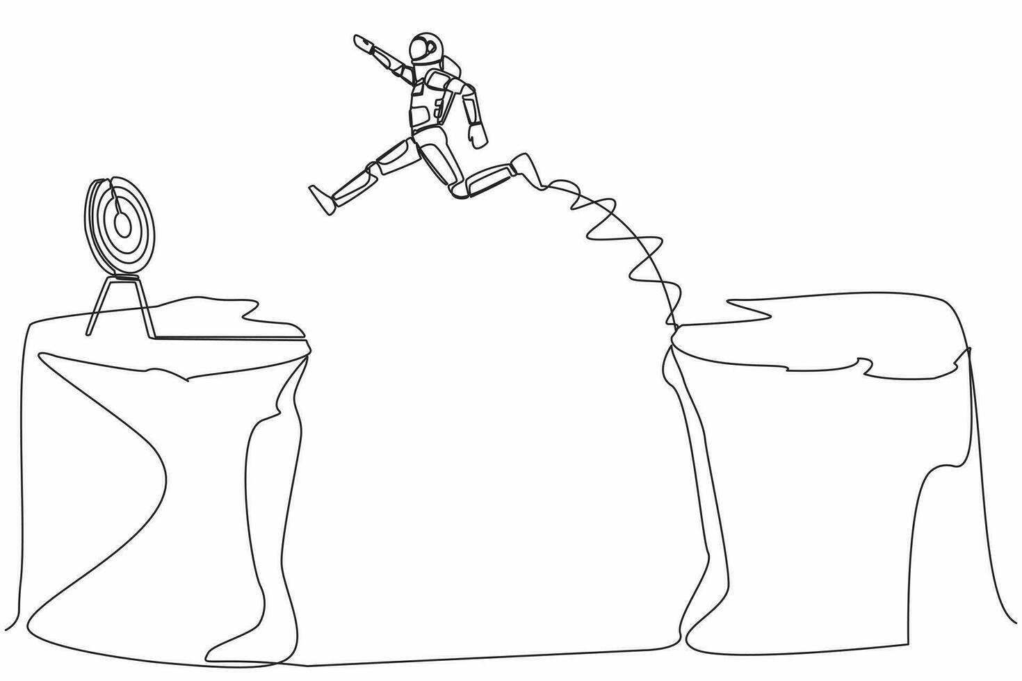 Single one line drawing young astronaut jumping over cliff to reach target. Success move while taking risk in cosmic expedition. Cosmic galaxy space. Continuous line graphic design vector illustration