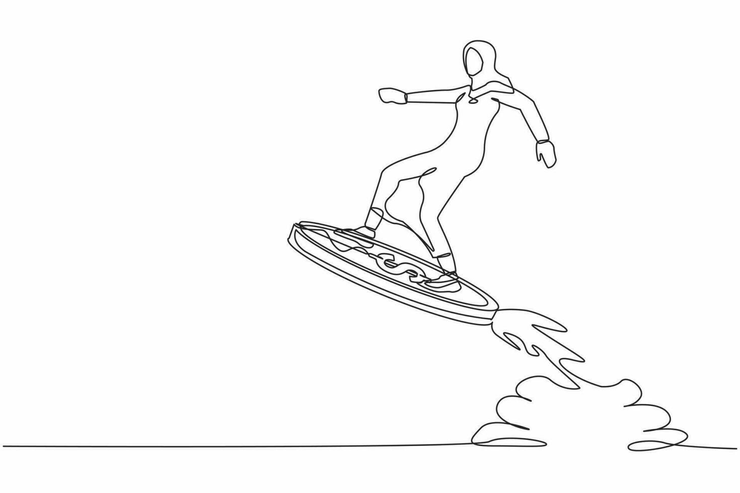 Continuous one line drawing Arab businesswoman riding dollar coin rocket flying in sky. Financial planning for increase income, business opportunity to success. Single line design vector illustration