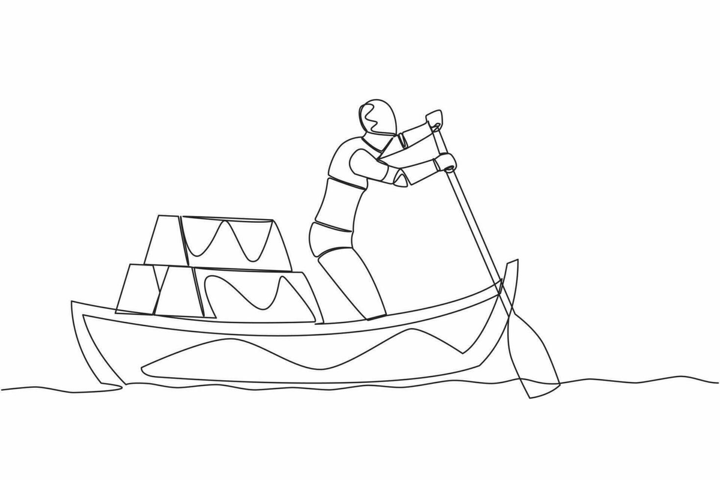 Single continuous line drawing robot sailing away on boat with stack of golden bullion. Gold investment in digital tech. Future technology development. One line draw graphic design vector illustration