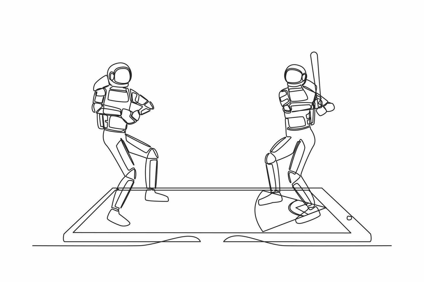 Single one line drawing baseball field with two astronaut players on smartphone screen. Online baseball games. Smartphone applications. Cosmic galaxy space. Continuous line design vector illustration