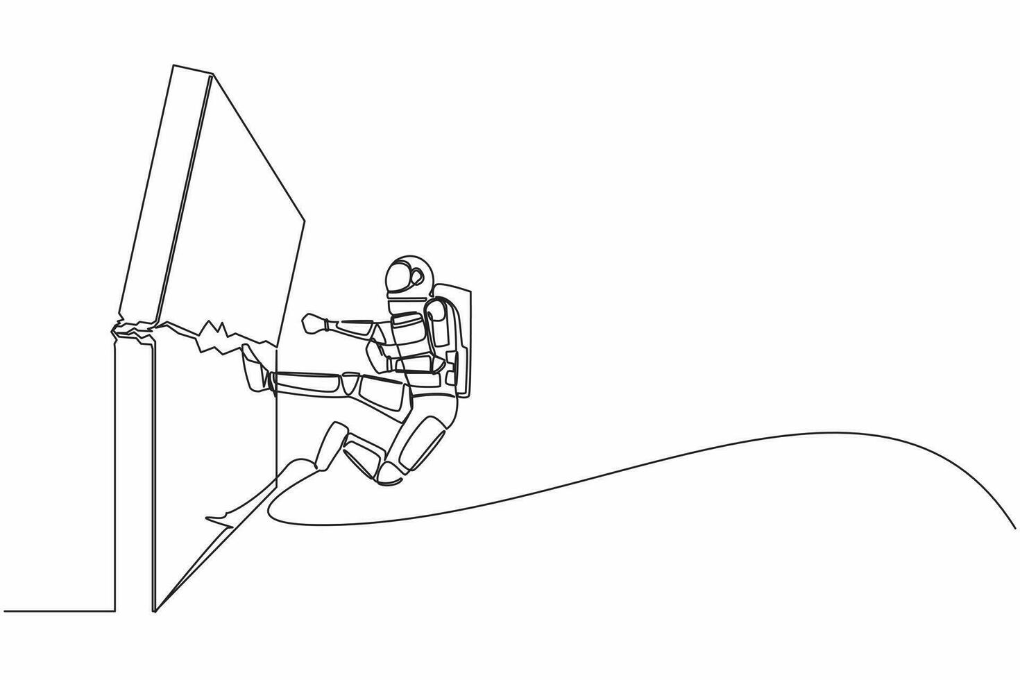 Single one line drawing young astronaut doing kungfu or karate flying kick to destroy brick wall. Success in space exploration. Cosmic galaxy space. Continuous line graphic design vector illustration