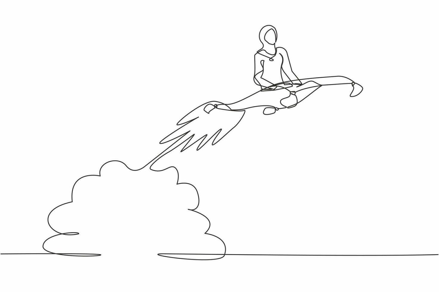 Single one line drawing Arab businesswoman riding magic carpet rocket flying in the sky. Launch new textile business. Acceleration or increase sales growth. Continuous line design vector illustration