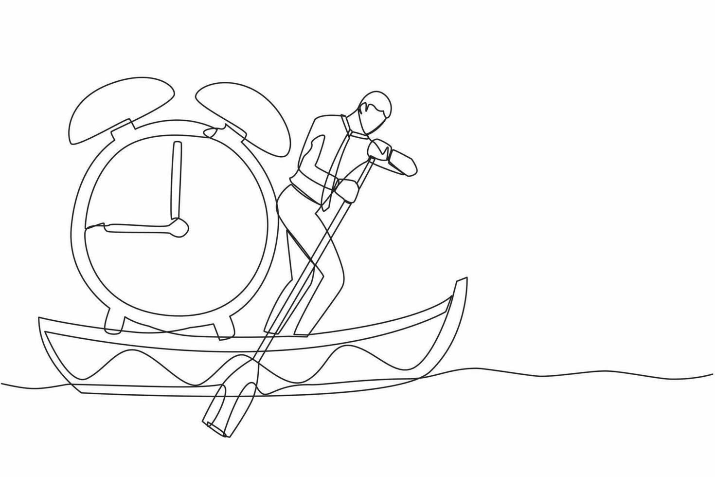 Single continuous line drawing of businessman standing in boat and sailing with alarm clock. Manager escape from project deadline. Time management problem. One line graphic design vector illustration