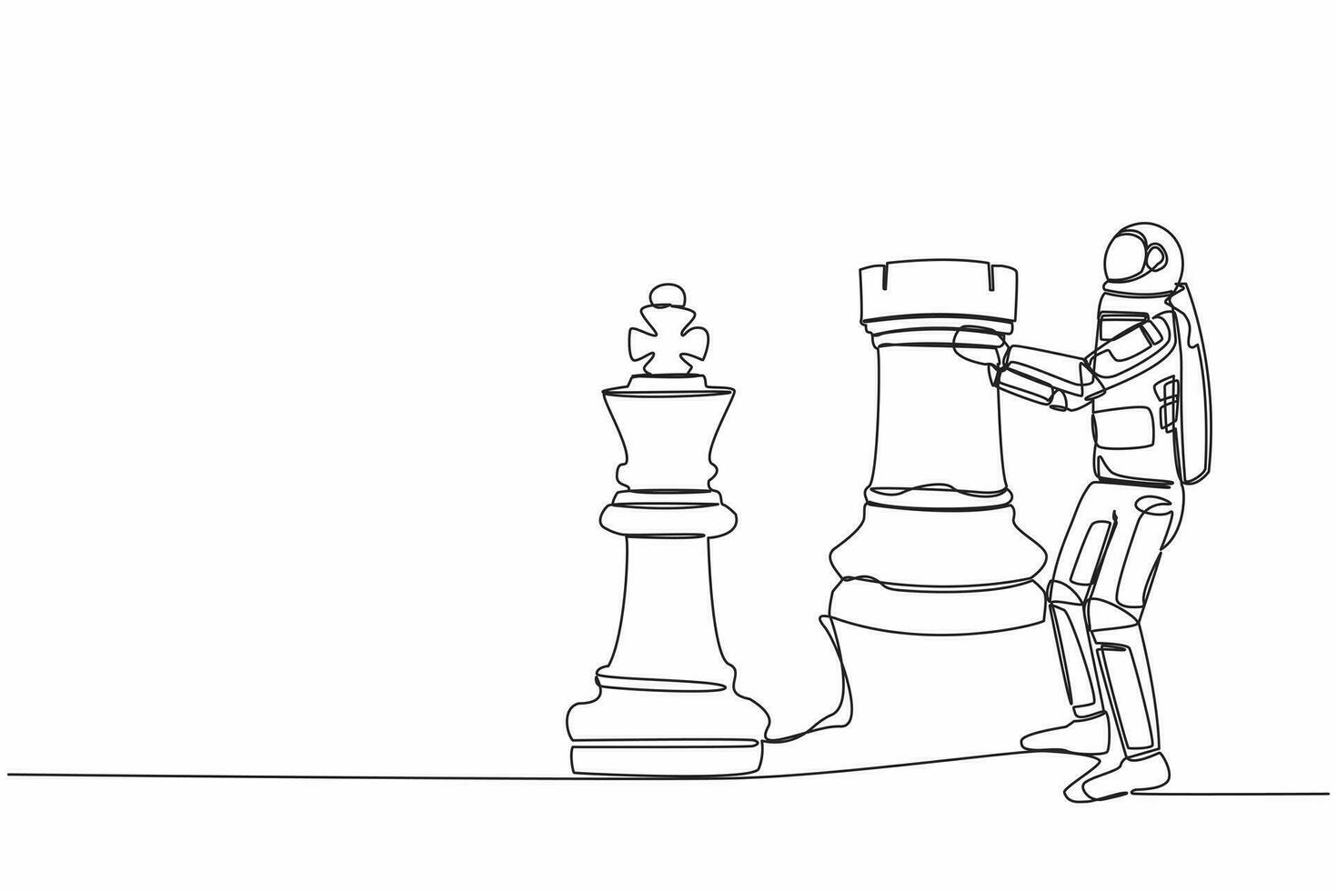 Single one line drawing astronaut holding rook chess piece to beat king chess. Power to rule interplanetary region. Cosmic galaxy space concept. Continuous line draw design graphic vector illustration