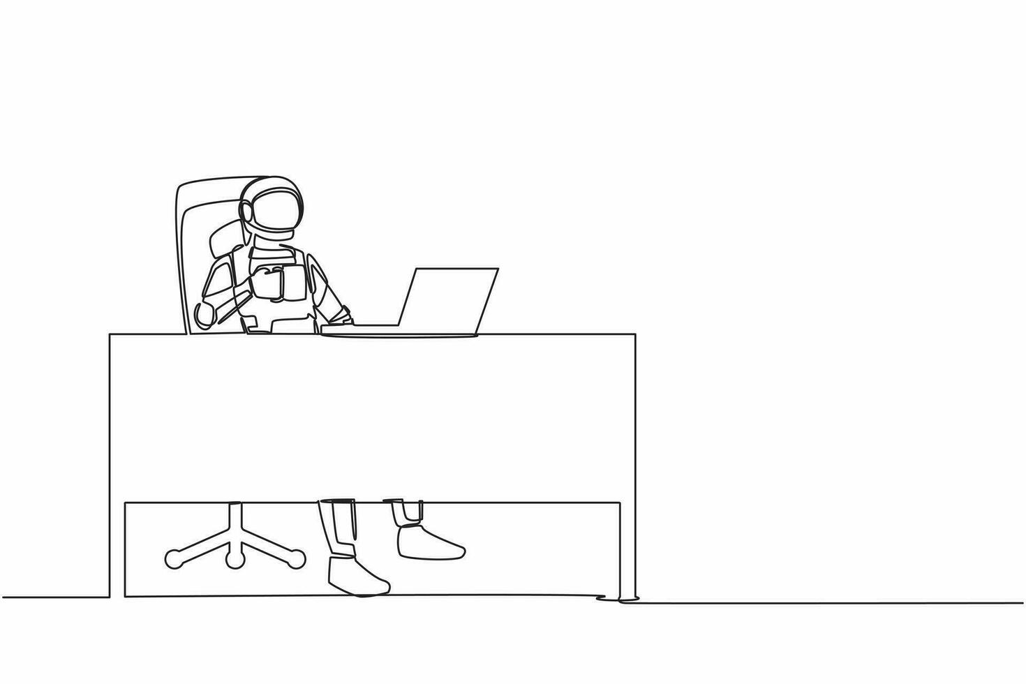 Single continuous line drawing astronaut relaxed at desk and drink cup of coffee. Take break after exploring outer space planets. Cosmonaut deep space. One line draw graphic design vector illustration