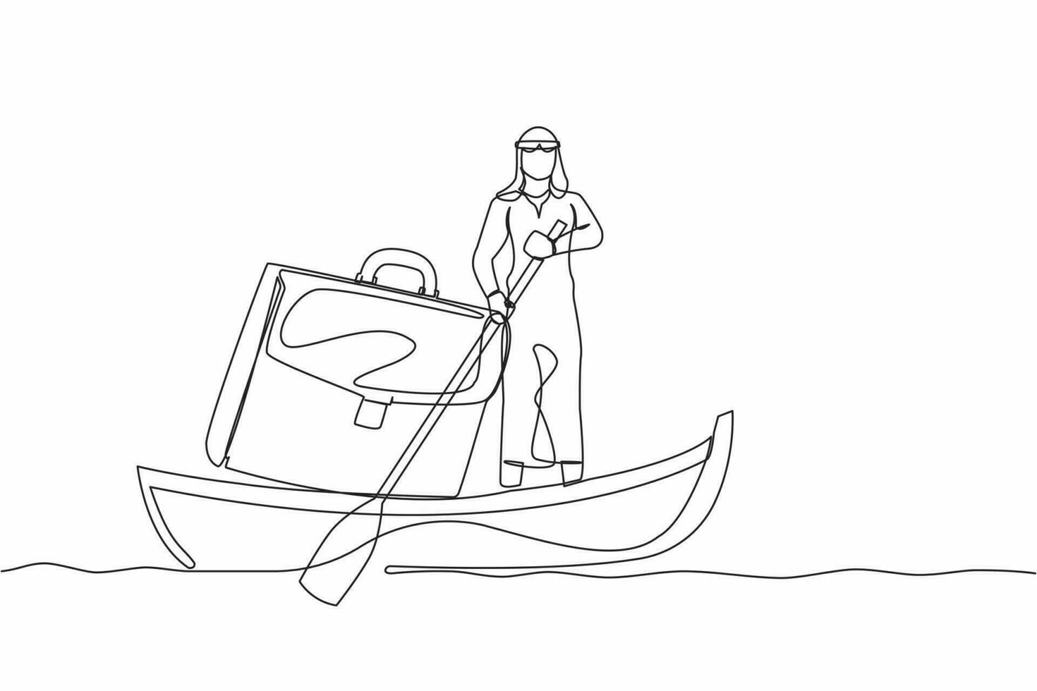 Single continuous line drawing Arab businessman sailing away on boat with briefcase. Employees planning for summer vacation. Take break from busy office tasks. One line draw design vector illustration