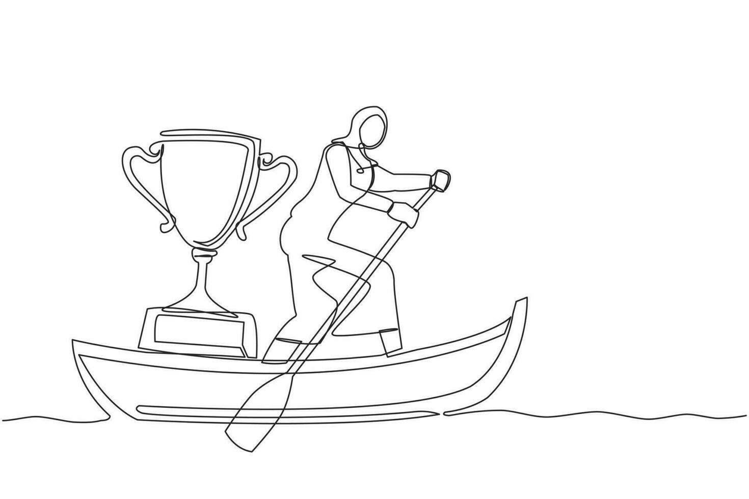 Single continuous line drawing Arab businesswoman standing in boat and sailing with trophy. Water sports competition. Sailing championship recognition award. One line draw design vector illustration