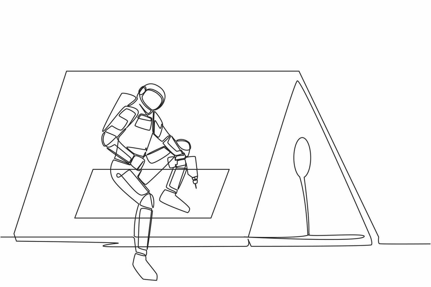 Single one line drawing of astronaut roofer installing wooden or bitumen shingle at home in moon surface. Ability to repair operating system. Cosmic galaxy space. Continuous line graphic design vector