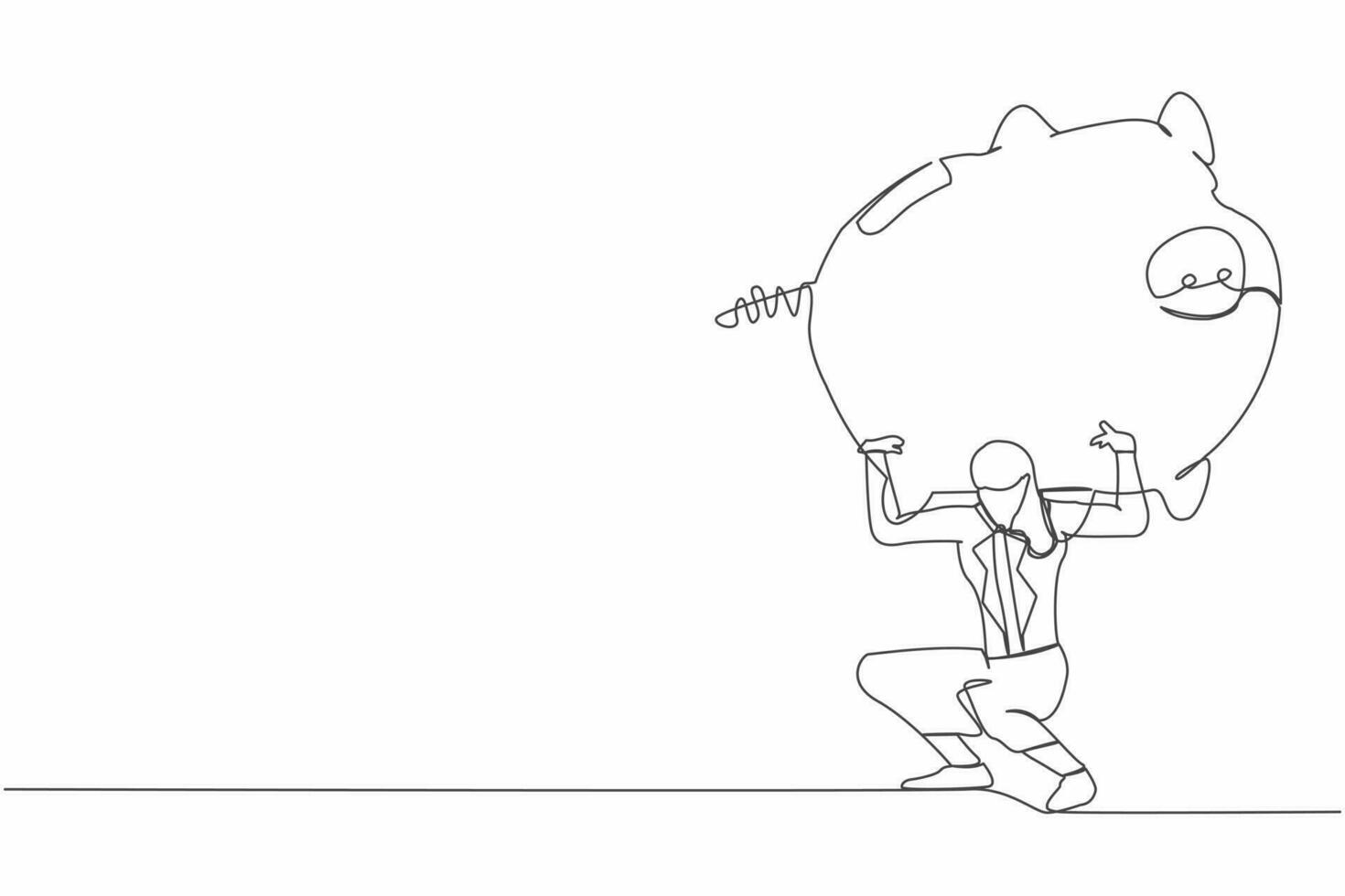 Single one line drawing frustrated businesswoman carrying heavy piggy bank on her back. Broke and financial problems concept. Searching money in crisis. Continuous line draw design vector illustration