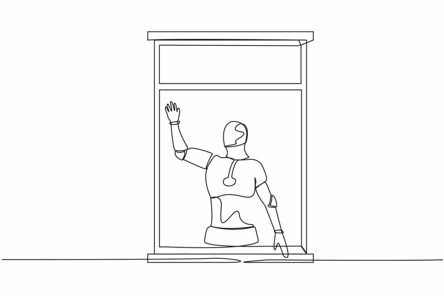 Continuous one line drawing robot waving at window as look like to greet or invite friends to come in. Humanoid robot cybernetic organism. Future robotic. Single line draw design vector illustration