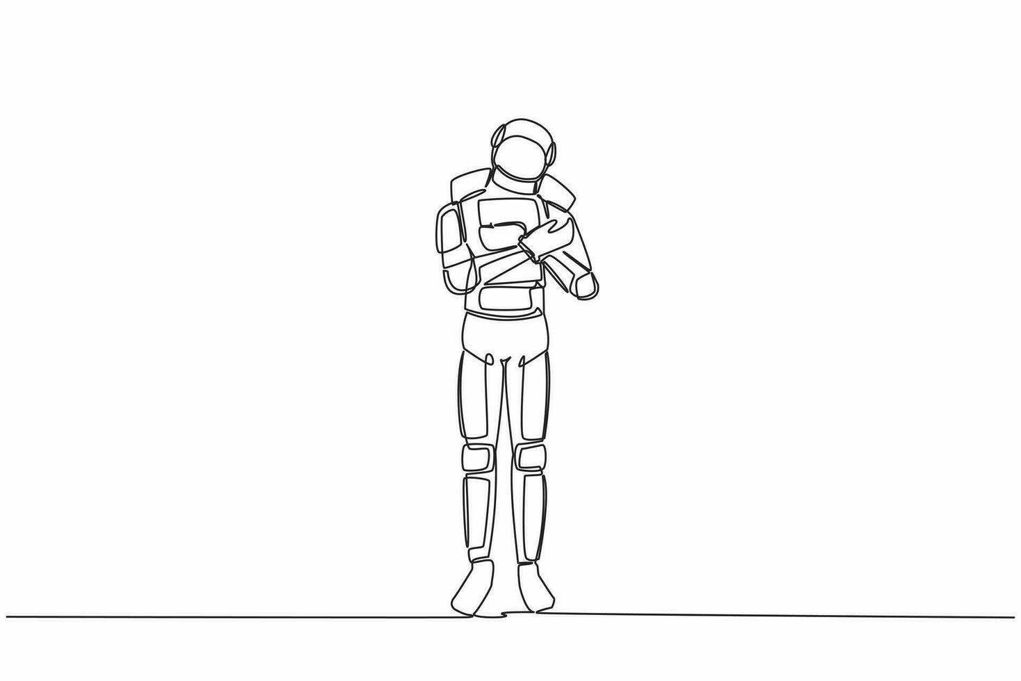 Single continuous line drawing of young astronaut standing and hugging laptop at office. Loving his job exploring cosmic interstellar. Cosmonaut deep space. One line graphic design vector illustration