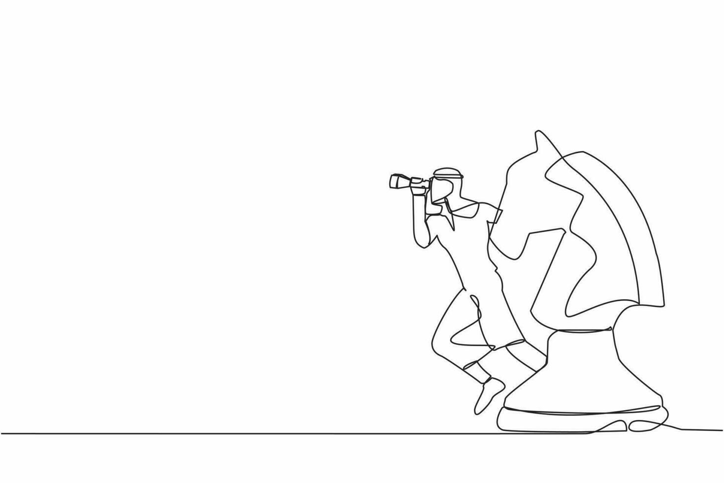 Single continuous line drawing Arabian businessman leader standing on horse chess piece using telescope to see business vision. Competitor analysis concept. One line graphic design vector illustration