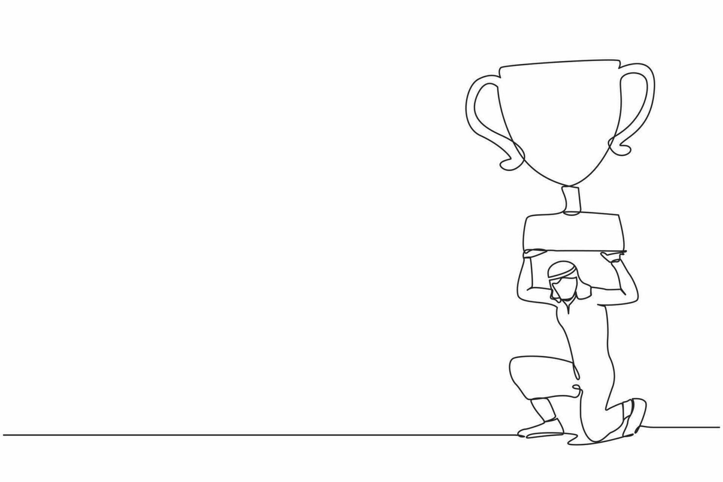 Single one line drawing Arabian businessman carrying heavy trophy on his back. Office manager failed to win competition or business goals achievement. Continuous line draw design vector illustration