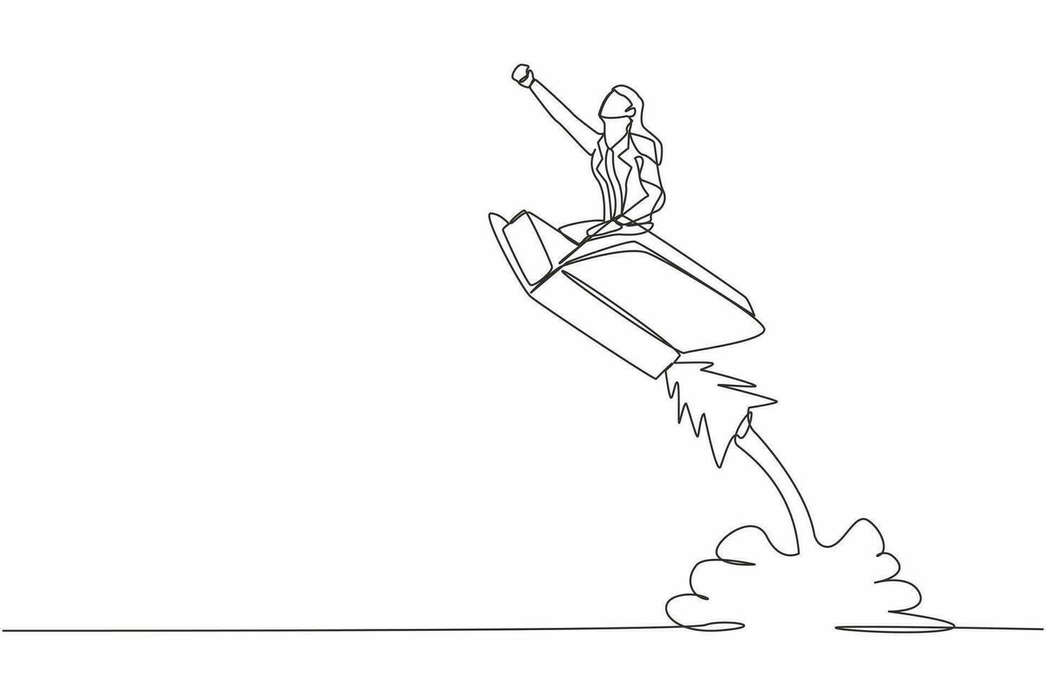 Single continuous line drawing businesswoman riding open book rocket flying in sky. Launch new library at school. Increase interest in reading smart student. One line draw design vector illustration