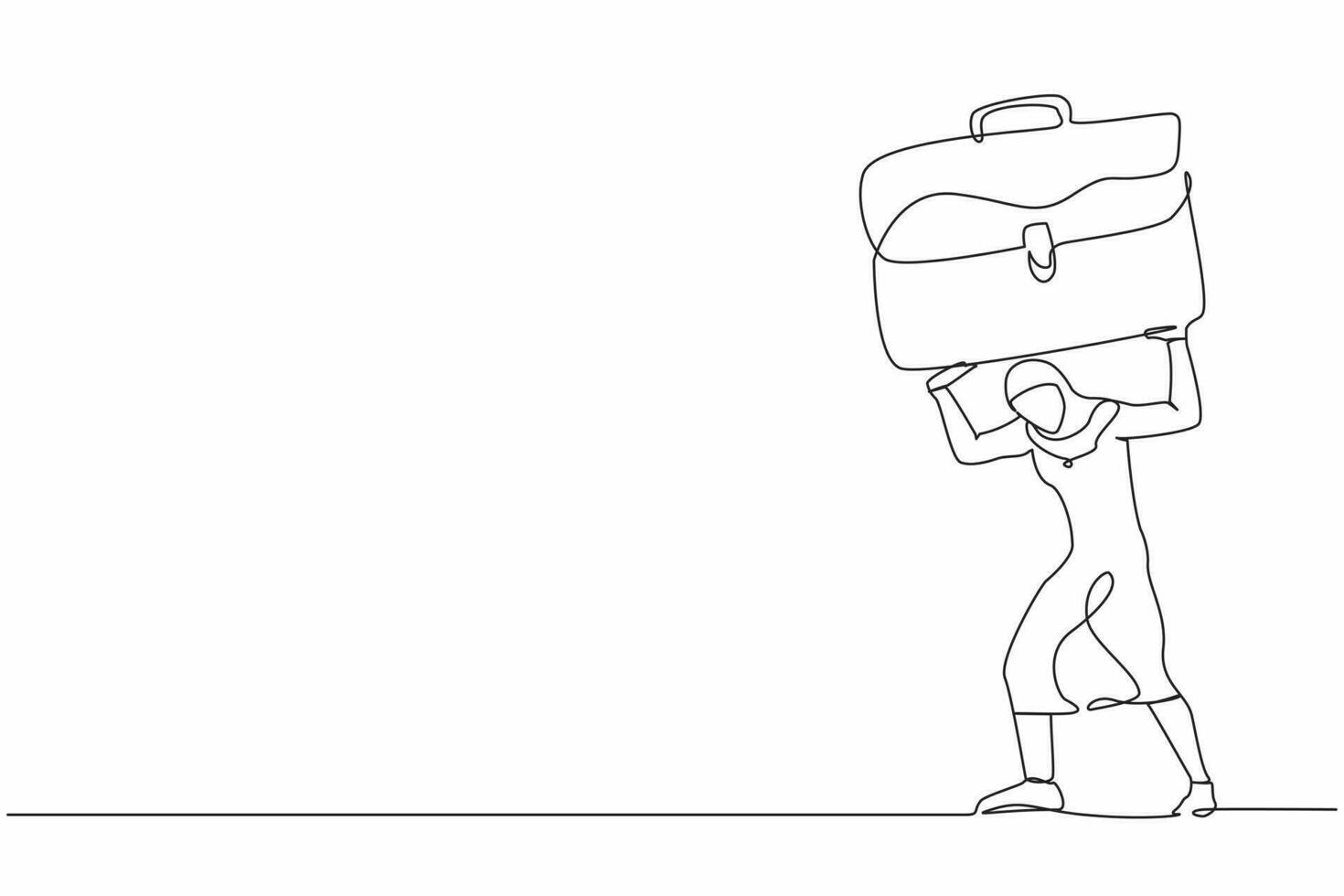 Continuous one line drawing Arab businesswoman carrying heavy briefcase on her back. Anxiety and overload work. Pressured female worker with responsibility. Single line draw design vector illustration