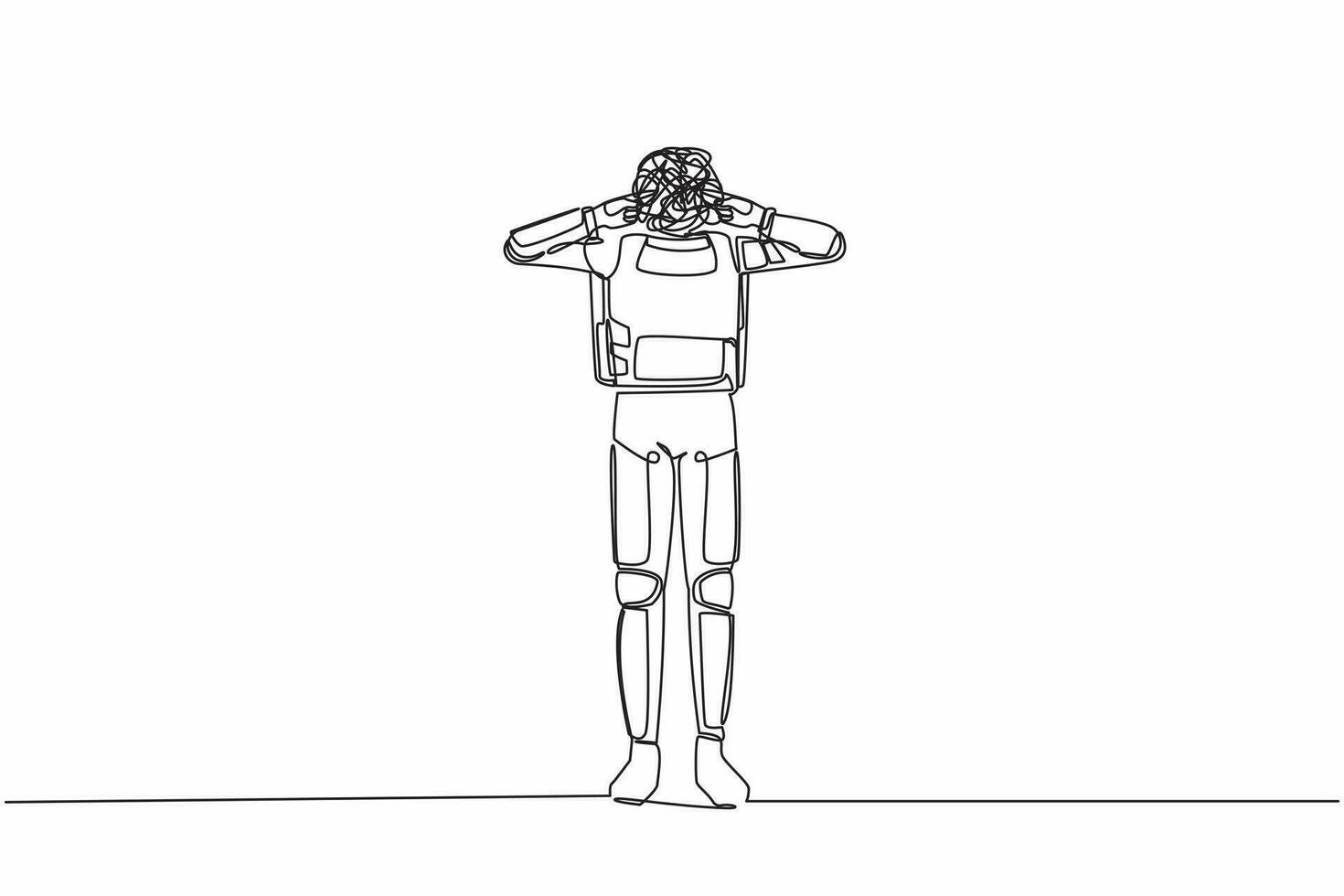 Continuous one line drawing young astronaut with round scribbles instead of head, covering ears with fingers for loud noise. Cosmonaut outer space. Single line draw graphic design vector illustration