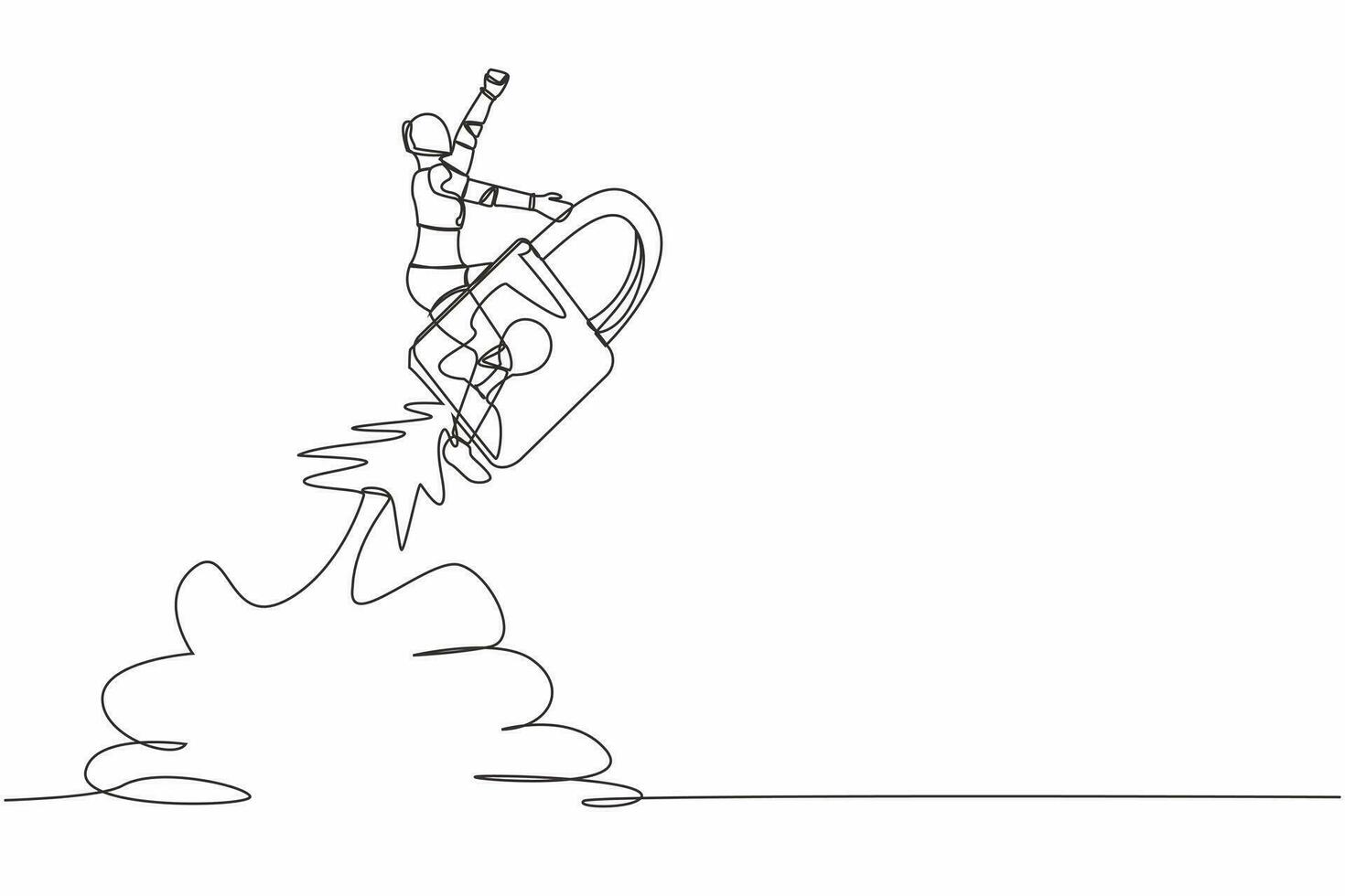 Single one line drawing robot riding padlock rocket flying in sky. Improve tech business security. Robotic artificial intelligence technology. Continuous line draw design graphic vector illustration