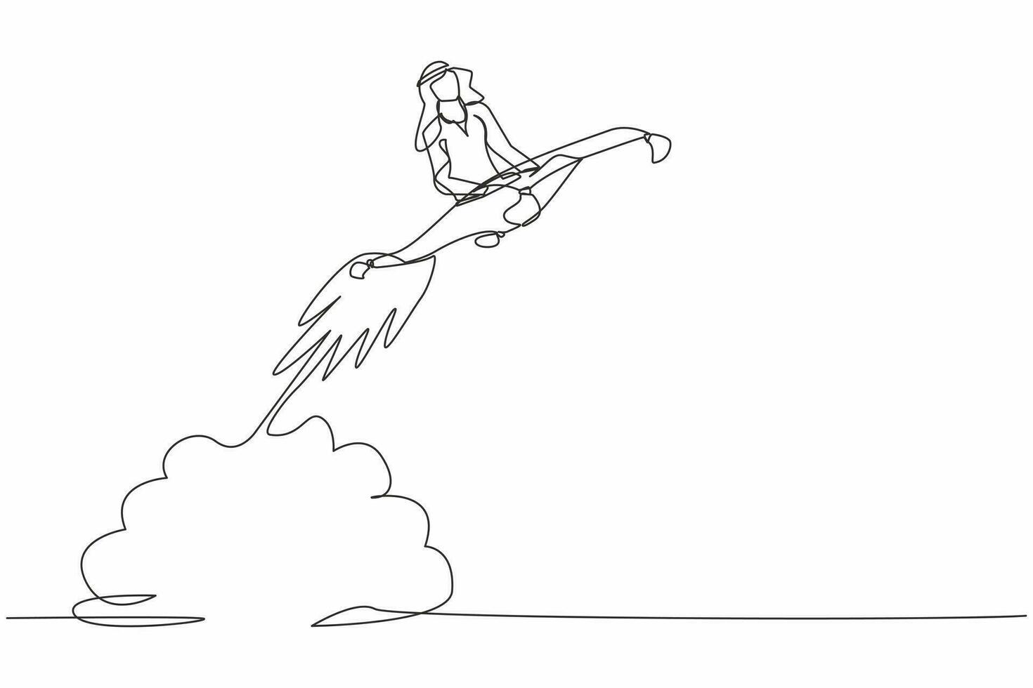 Single continuous line drawing Arabian businessman riding magic carpet rocket flying in the sky. Startup business acceleration concept. Increase sales growth. One line draw design vector illustration